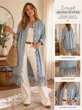 Vintage CMC Color Me Cotton Denim Fringe Lagenlook Duster Dress Oversized Boho